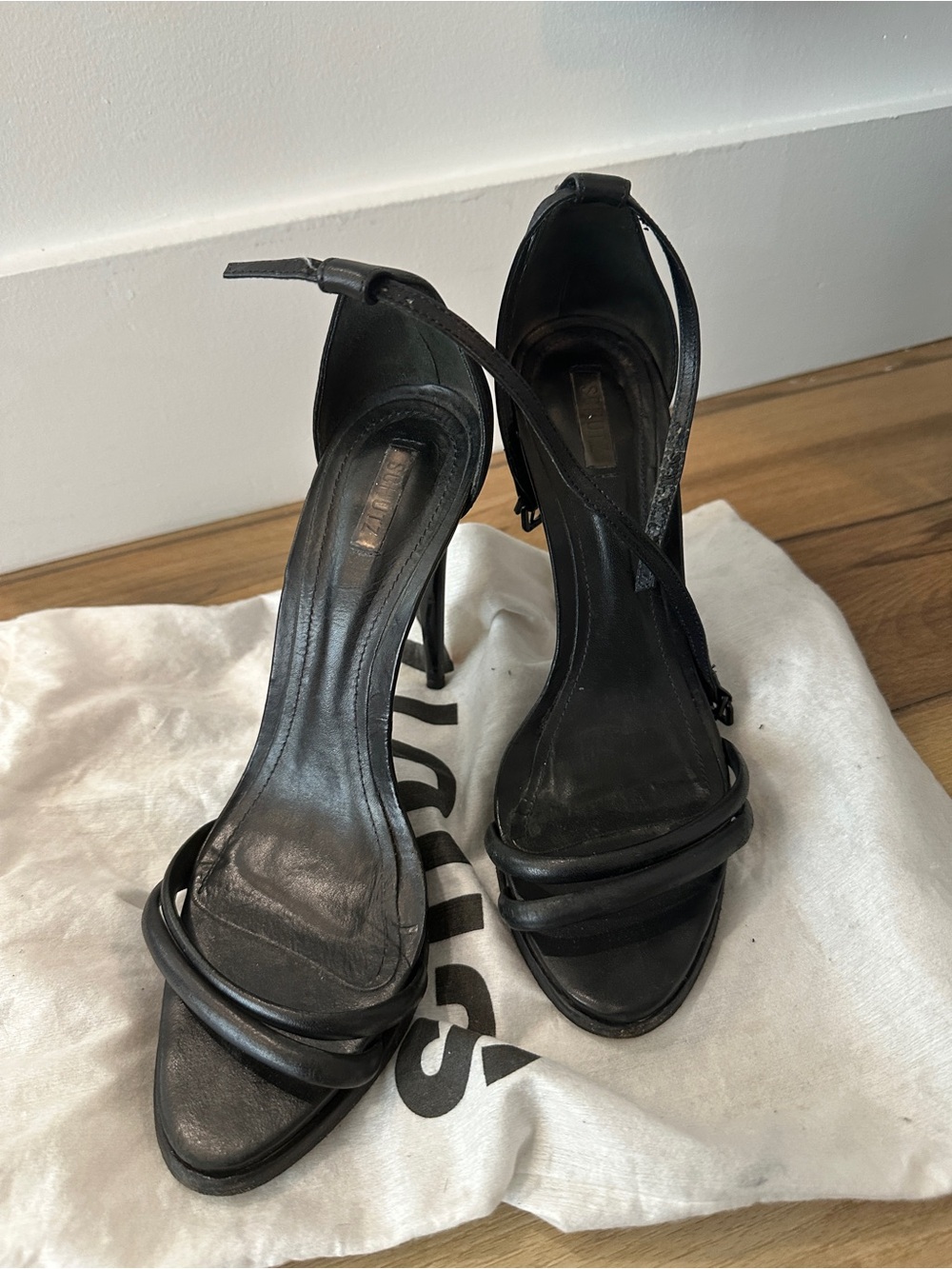 SCHUTZ Black Leather Strappy Stiletto Sandals